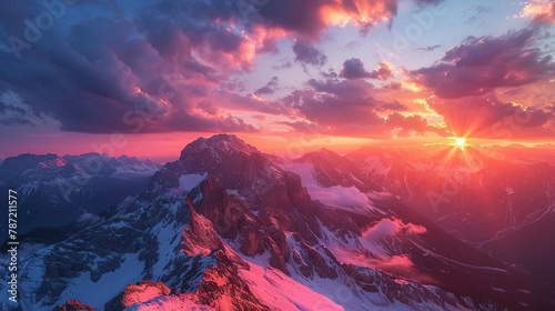 Marvel at the mesmerizing sunset as it bathes the mountain vista. 
