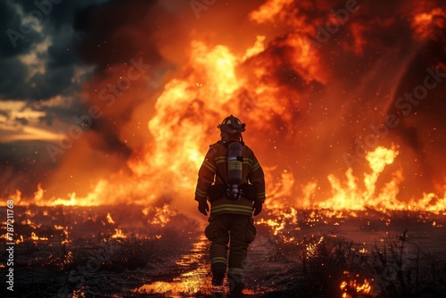 A firefighter walks towards a massive wildfire, showing determination in a perilous environment photo