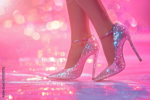 Beautiful female legs with shiny strappy shoes on a pink background. Glamorous chic and shimmer of sunlight photo