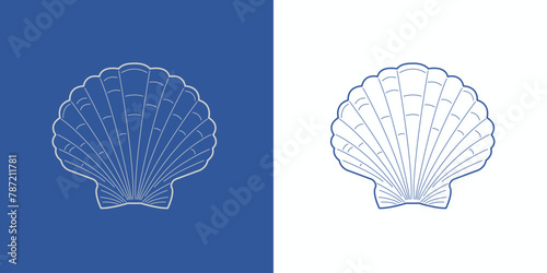 line art vector illustration of seashell isolated on dark blue and white background. stylish minimalistic png image of ocean shell. shape of fan seashell in vintage style photo