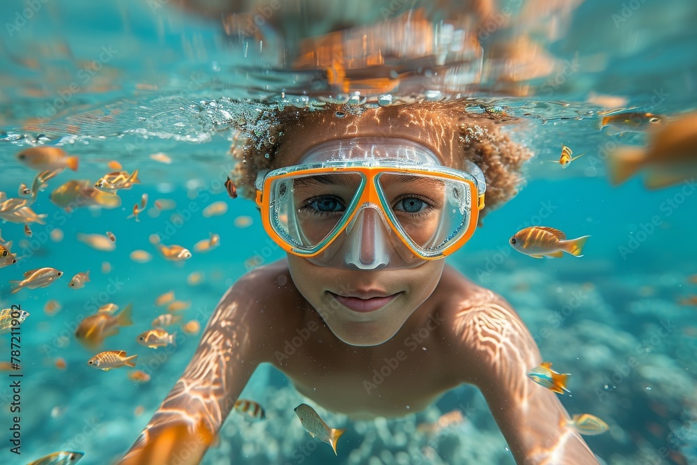 Naklejka premium A child with a snorkeling mask is surrounded by small fish underwater, showcasing a sense of adventure and discovery