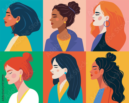 Vector flat set collection of many avatars of women of different ethnic groups with different beauty hairstyles and skin color. Concept of the movement for gender equality and women's empowerment.