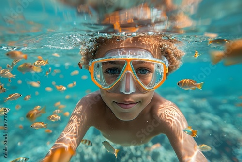 A child with a snorkeling mask is surrounded by small fish underwater, showcasing a sense of adventure and discovery