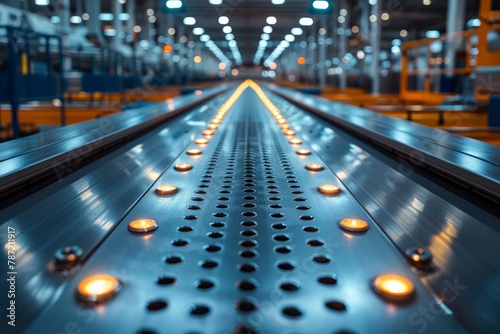 This high dynamic range image captures a conveyor belt's surface, reflecting the bright lights of a state-of-the-art industrial facility