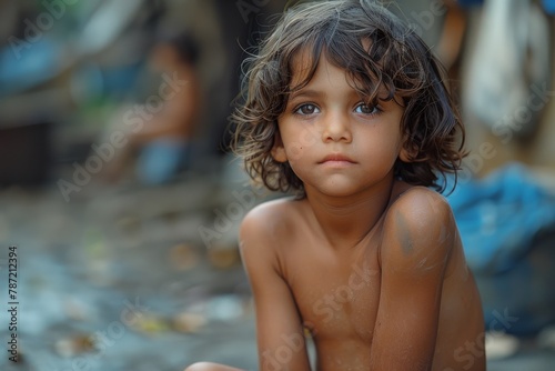 A close-up of a young child with curly hair and expressive eyes, sitting outdoors with a blurred background photo