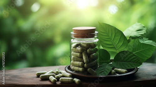 Mitragyna speciosa (kratom) leaves with medicinal products in the form of capsules on a wooden table with natural outdoors as the background 