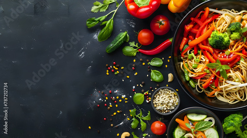 Asian noodle and vegetables Vegan vegetarian eating Healthy food Top view with copy space panorama banner : Generative AI