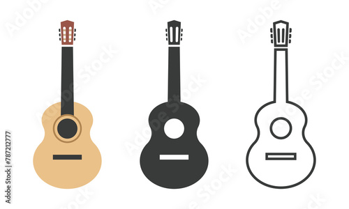 Classical guitar icon in different styles. Colored, black icon, and line icon. Guitar icon pictogram in flat, silhouette, linear style. Simple vector design sign, symbol, logo for music app, web