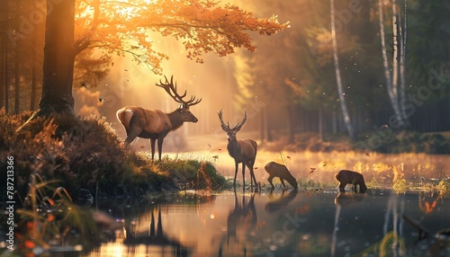 Family of deer drinking water in autumn forest with sunlight through trees photo
