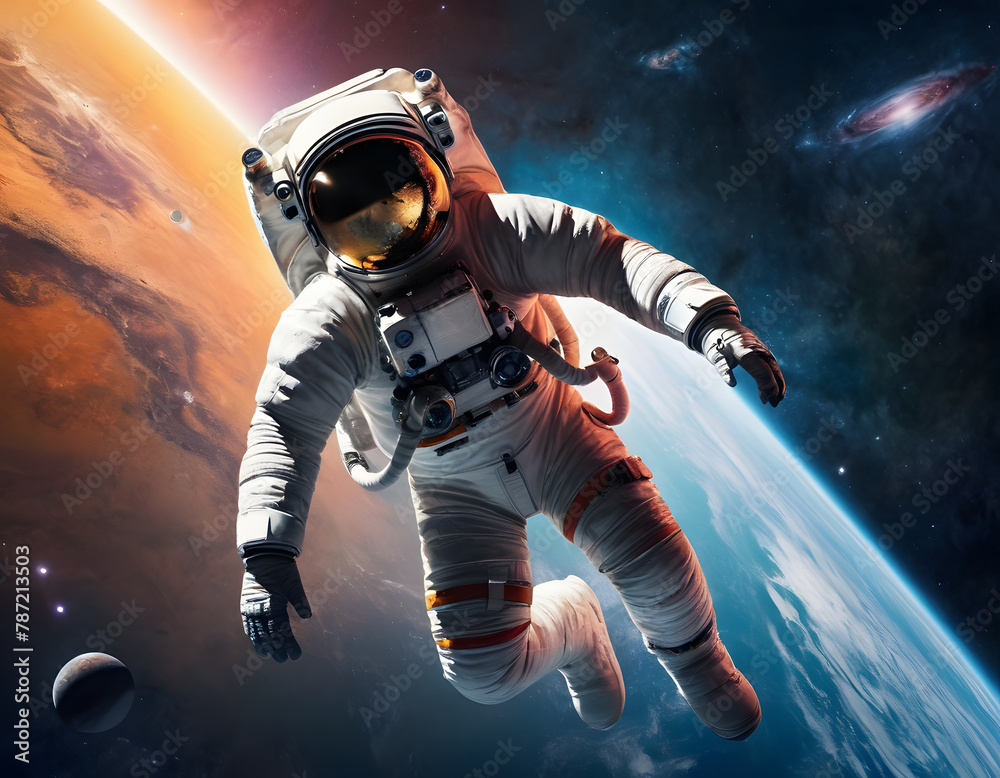 An astronaut in a spacesuit hovers in space