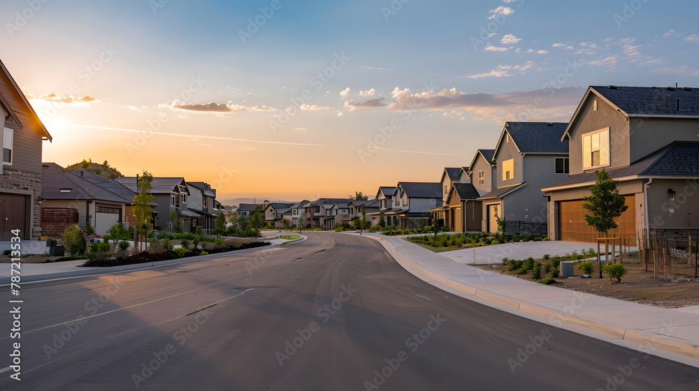 A street view of a new construction neighborhood with larger landscaped homes and houses with yards and sidewalks taken near sunset with copy space : Generative AI