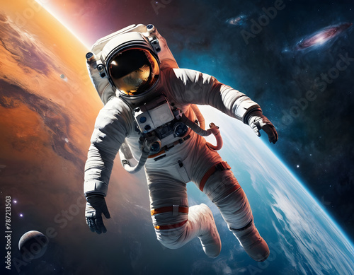 An astronaut in a spacesuit hovers in space