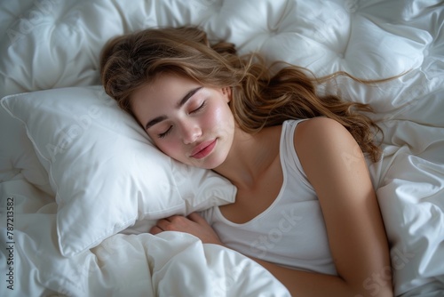 A young woman lies asleep in a white bed, depicting a scene of rest and tranquility in a comforting and soft environment