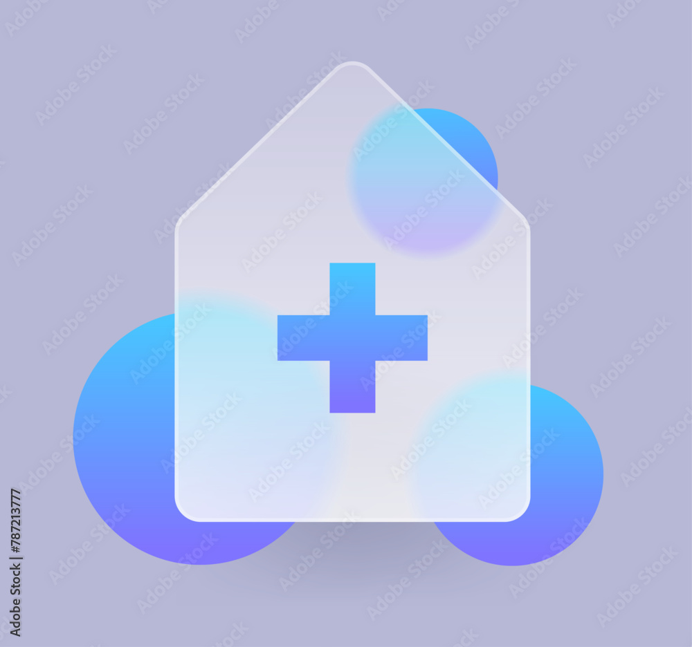 Obraz premium Glassmorphism house with blue cross icon. Online medicine health care sign