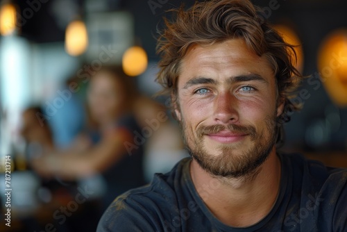 Close-up portrait of a beaming man with striking blue eyes and a casual look, in a softly blurred background photo