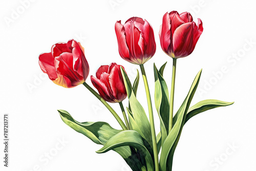 A bouquet of red tulips with green leaves.