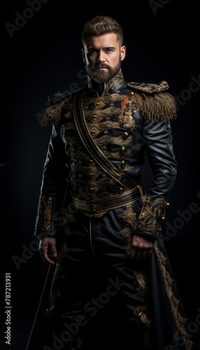 Cavalier man in military uniform with shoulder straps and orders on a black background. photo
