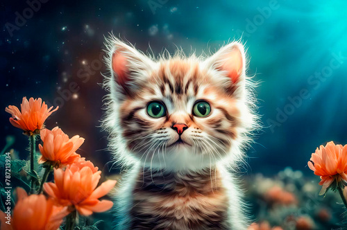 Portrait of a cute and touching kitten on a fantastic floral background