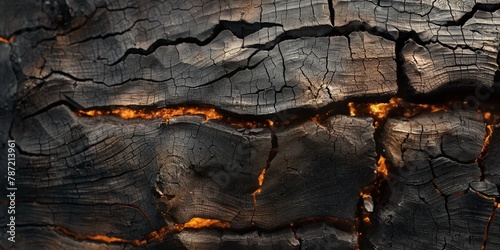 A captivating image showcasing dark charred wood contrasting with glowing orange cracks, signifying resilience and rebirth
