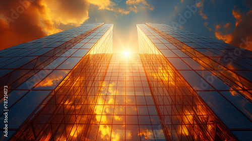 Abstract architectural background, vertical geometric shapes, sun reflection.