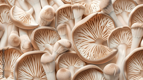Oyster mushroom pattern copy space for design and decoration Meat substitute vegetarian eco food Growing mushrooms macro Edible mushrooms texture A bunch of mushrooms is growing : Generative AI photo