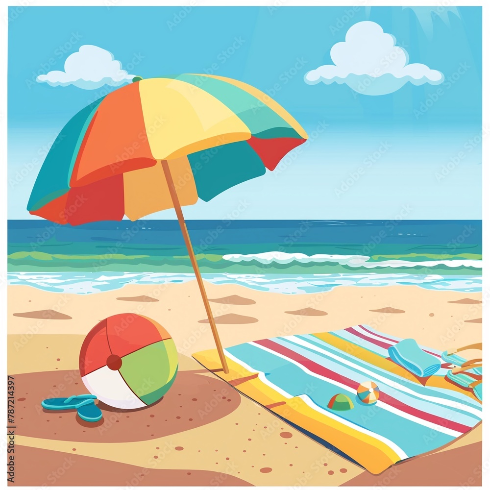 A colorful beach umbrella with a sandy beach background, complete with a beach ball and towel , simple vector cartoon