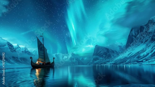 Viking ship sailing aurora lit fjords warriors ready spirits of old guiding them through the mystic north photo