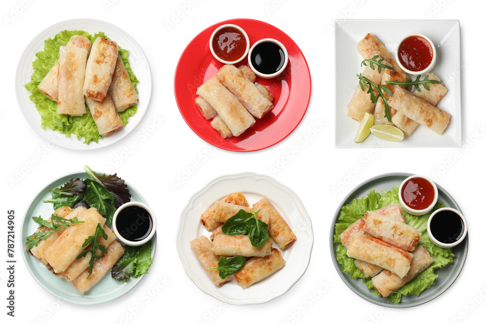 Set of delicious spring rolls isolated on white, top view