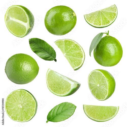 Fresh ripe limes isolated on white, collection