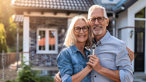 Portrait of a senior married couple holding keys and standing outside their new home on a moving day and hugging Mature people outside their new house Copy space Investing in property : Generative AI photo