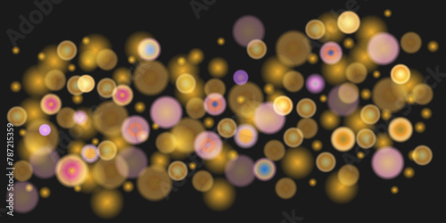 Glowing lights in soft focus bokeh holiday lights. Abstract vector effects, colored round glowing elements.