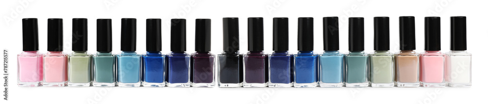 Nail polishes of different colors isolated on white, collection Nail polishes of different colors isolated on white, collection