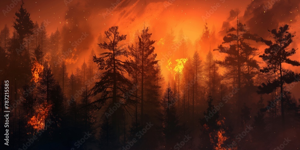 An intense wildfire engulfs a thick forest at dusk, with an unsettling orange glow behind the silhouettes of trees An intense wildfire engulfs a thick forest at dusk, with an unsettling orange glow behind the silhouettes of trees