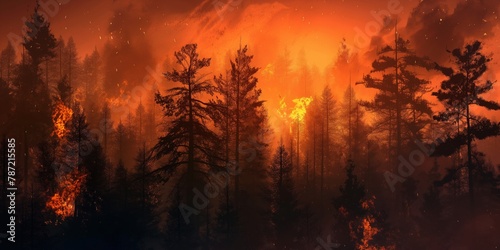 An intense wildfire engulfs a thick forest at dusk, with an unsettling orange glow behind the silhouettes of trees © gunzexx png and bg