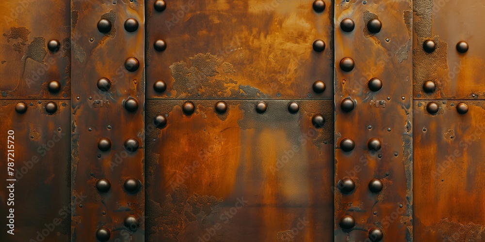 A weathered metal door, adorned with iron studs, provides a commanding ancient textured surface