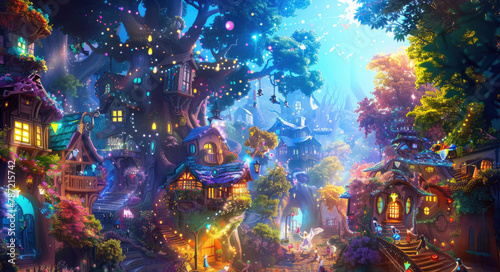 A whimsical fairy city nestled in an enchanted forest, with colorful trees and sparkling lights. The scene includes friendly fairies flying around the fantasy town surrounded by magical creatures photo
