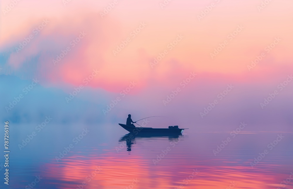 Fishing at dusk on the lake, with the silhouette of a fisherman and boat against a pastel sky, creating a beautiful and peaceful scene Fishing at dusk on the lake, with the silhouette of a fisherman and boat against a pastel sky, creating a beautiful and peaceful scene