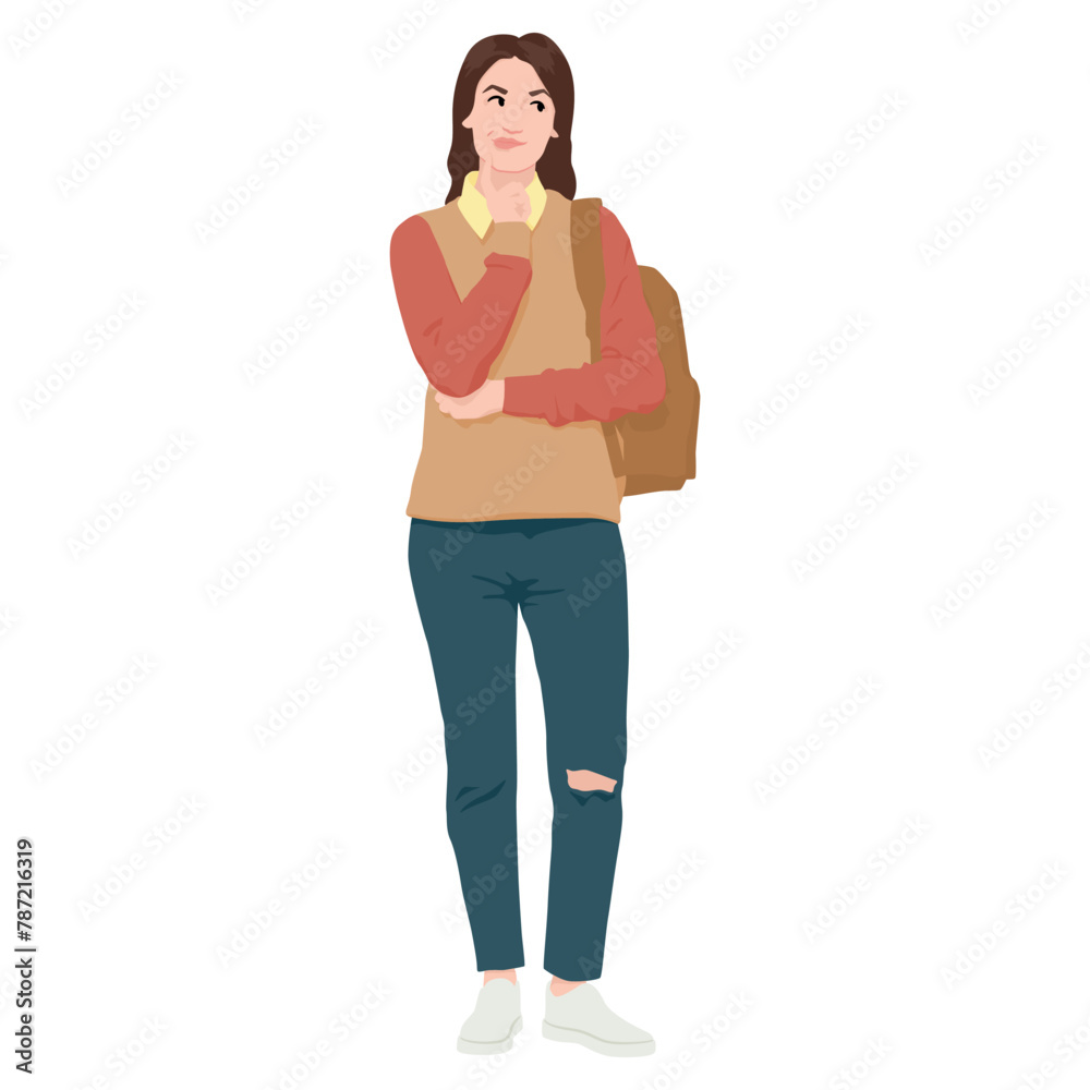Female student with thoughtful expression dressed in a loose sweater and jeans. Smiling girl with a backpack. Young woman in casual clothing. Vector illustration set isolated on white Female student with thoughtful expression dressed in a loose sweater and jeans. Smiling girl with a backpack. Young woman in casual clothing. Vector illustration set isolated on white