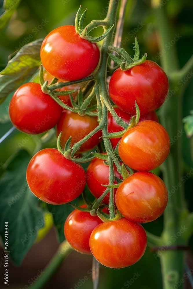 Vibrant organic tomato plant thriving in carefully controlled greenhouse setting