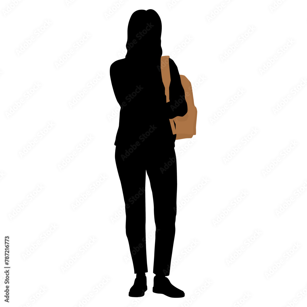 Silhouette of female student with thoughtful expression dressed in a loose sweater and jeans. Girl with backpack. Young woman in casual clothing. Vector illustration set isolated on white