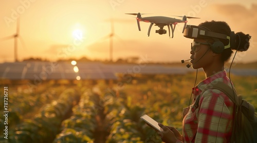 Futuristic agricultural scene where a african american young female agronomist uses advanced drone technology to monitor large fields of crops. 