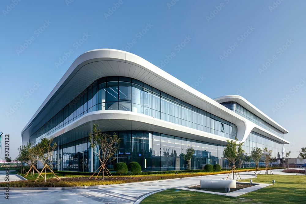 A large building with a curved roof and a lot of windows on the side of it and a grassy area in - obrazy, fototapety, plakaty 