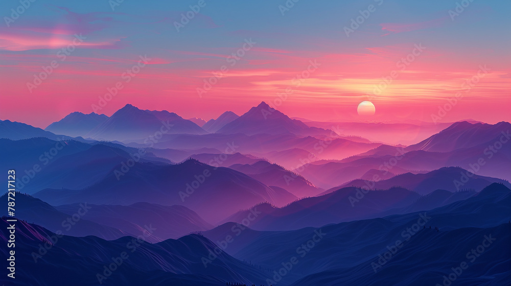 Vibrant hues paint the sky as the sun sets behind mountains. 