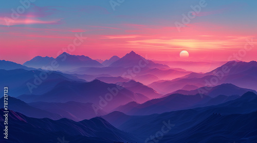Vibrant hues paint the sky as the sun sets behind mountains. 