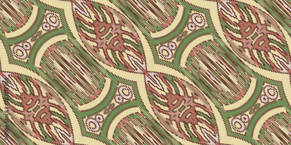 Naklejka premium Ethnic abstract ikat art design. Seamless pattern in tribal, folk embroidery, and Mexican style. Seamless abstract ikat pattern.background ,carpet,wallpaper,clothing,