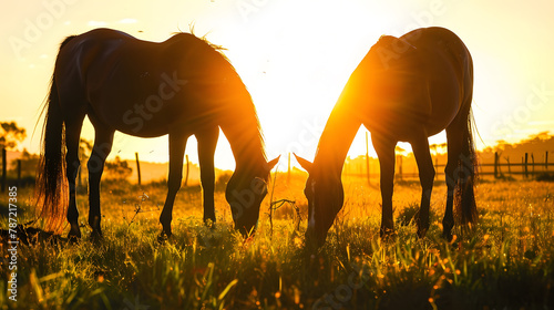 Silhouette of two horses grazing at sunset time in Sao Francisco de Paula Rio Grande do Sul Brazil : Generative AI