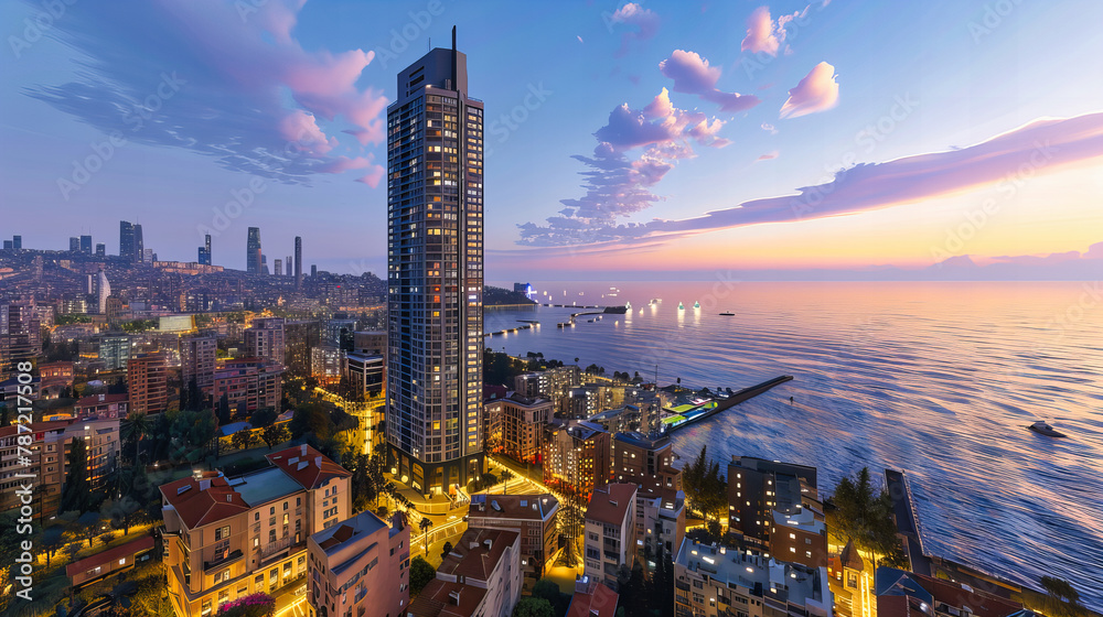 Obraz premium Aerial Beach Cityscape, Skyscrapers Along the Coast, Dynamic Urban Landscape with Waterfront View