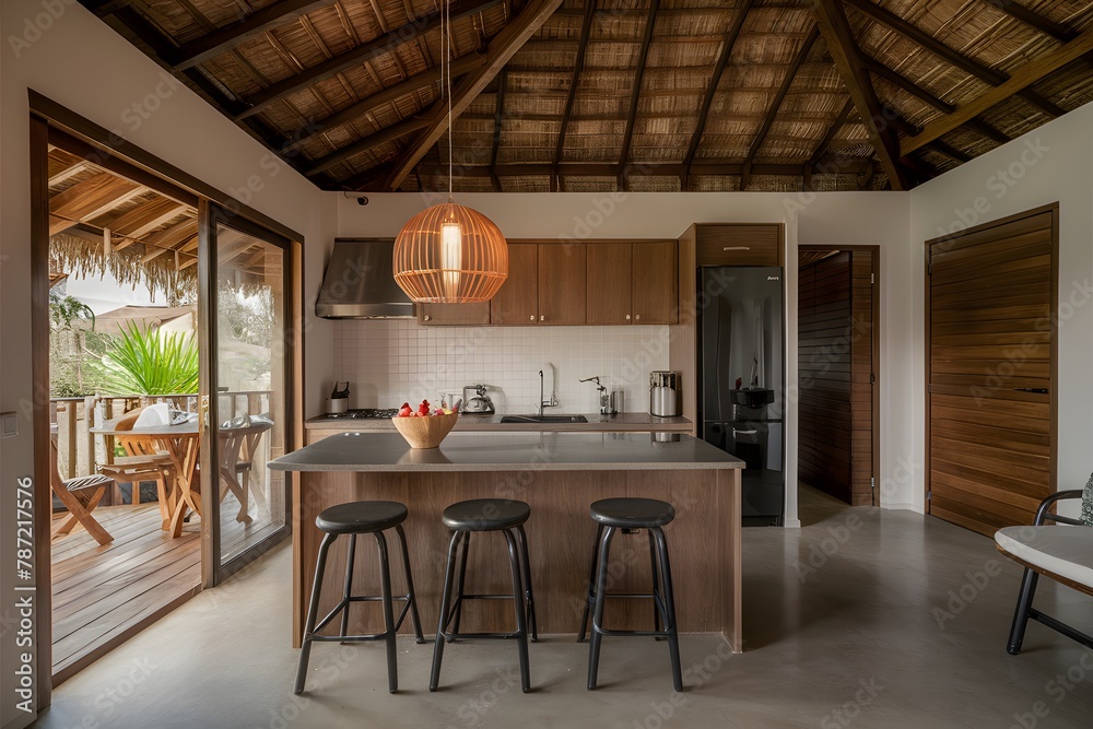 A small kitchen with a bedroom in the resort in photography A small kitchen with a bedroom in the resort in photography