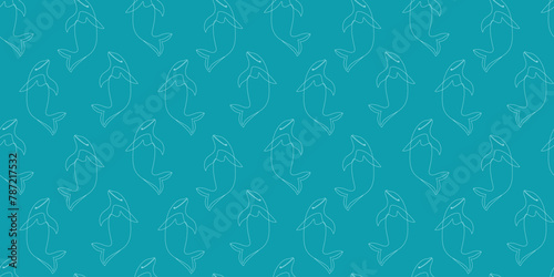 Seamless Pattern with Dolphins in one line style. White simple hand drawn mammal wild fish on blue sea ocean backgrounds for summer print
