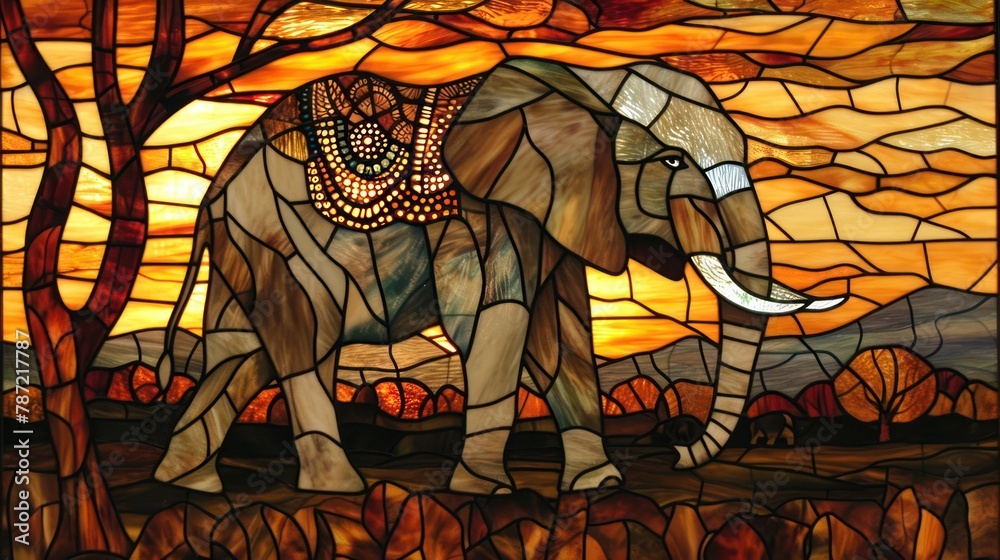stained glass representation of a gentle giant, the elephant, with earthy tones and elaborate patterns